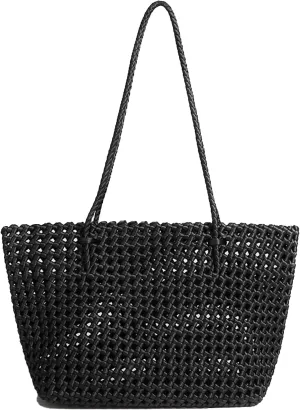 JINMANXUE Woven Tote Bag For Women,Travel Shoulder Bag, Large Hollow Beach Soft Satin Handbags Hand-woven Satchel Clutch