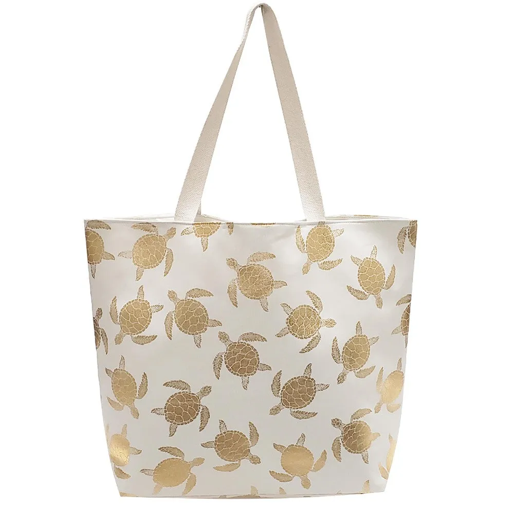 Metallic Sea-turtle Print Canvas Tote Bag