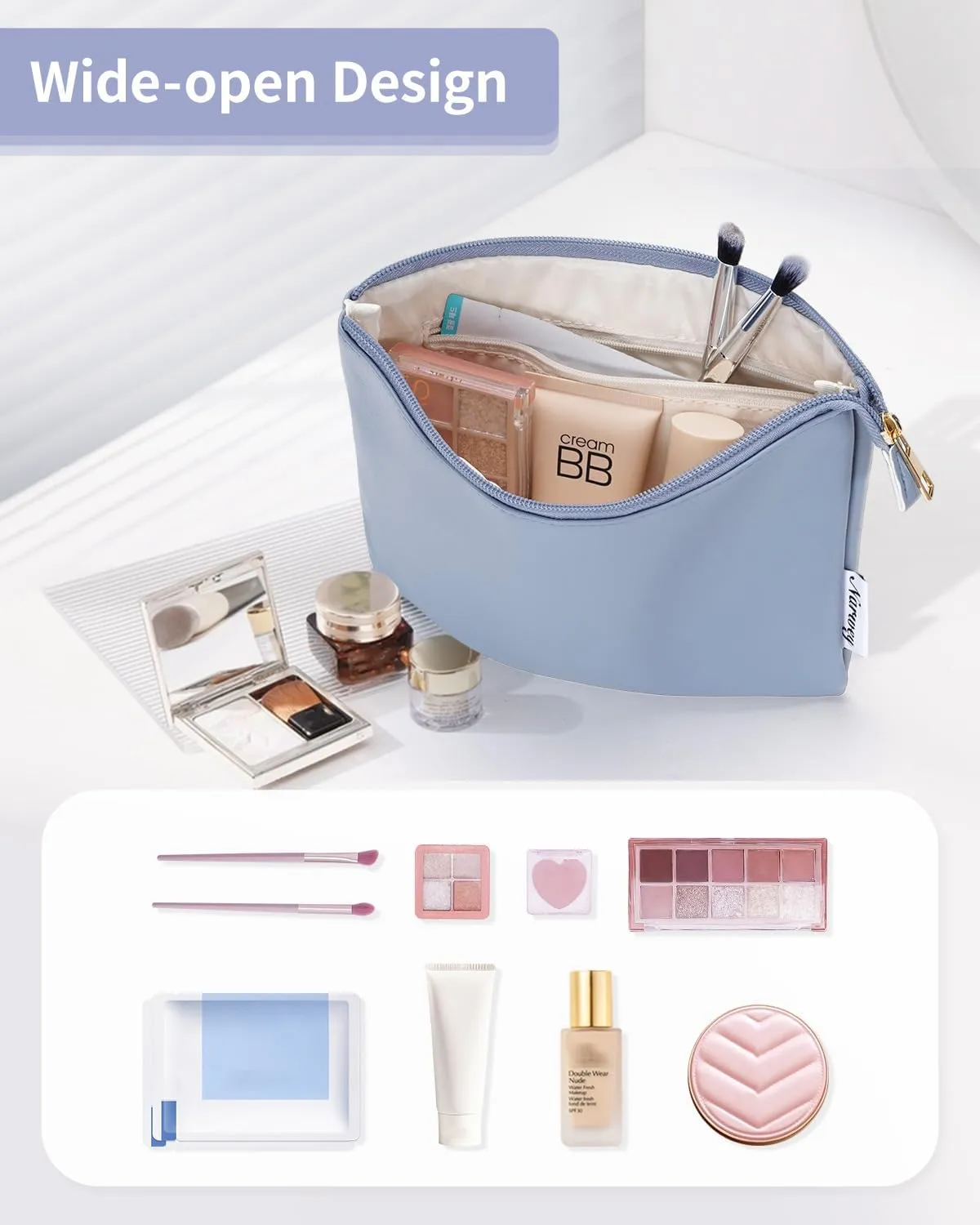 Narwey Small Makeup Bag for Purse Small Cosmetic Bag Women PU Leather Travel Makeup Pouch Zipper Pouch (Greyish Blue)