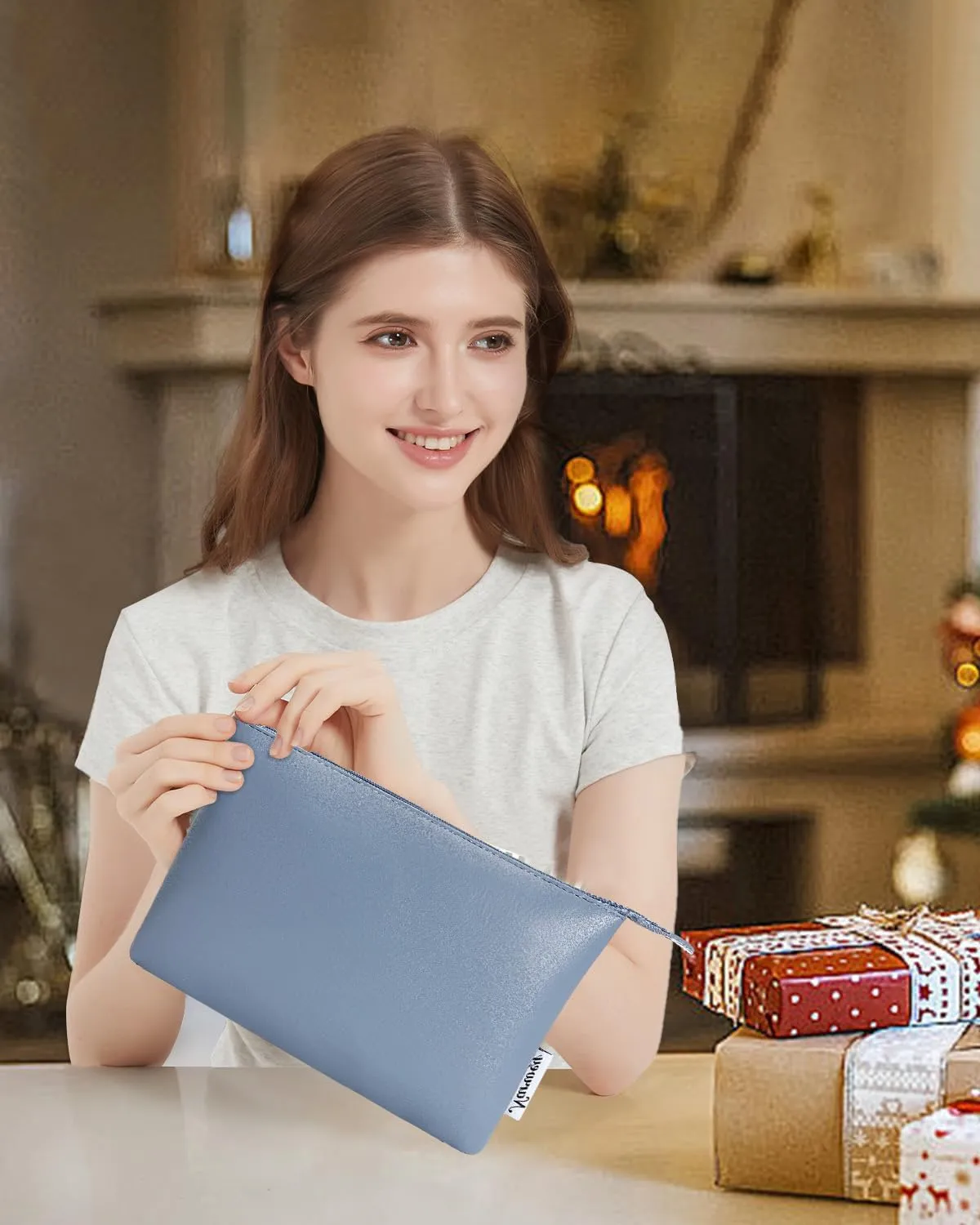 Narwey Small Makeup Bag for Purse Small Cosmetic Bag Women PU Leather Travel Makeup Pouch Zipper Pouch (Greyish Blue)