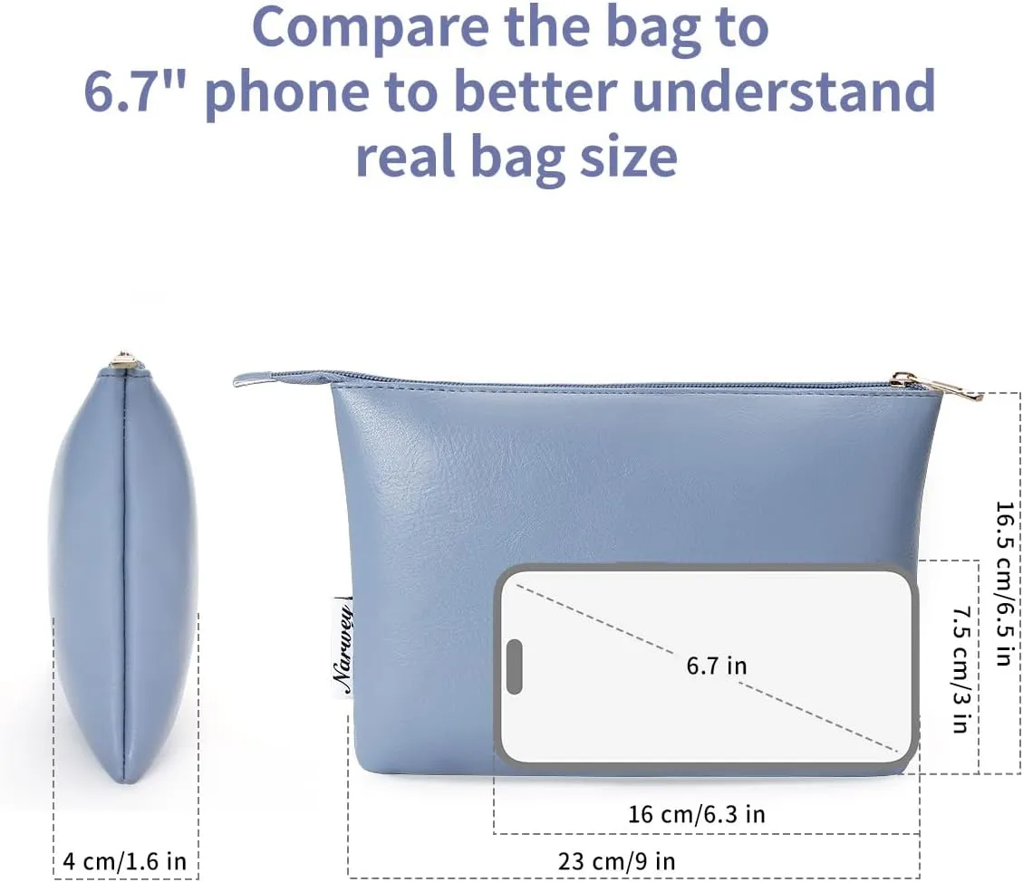 Narwey Small Makeup Bag for Purse Small Cosmetic Bag Women PU Leather Travel Makeup Pouch Zipper Pouch (Greyish Blue)