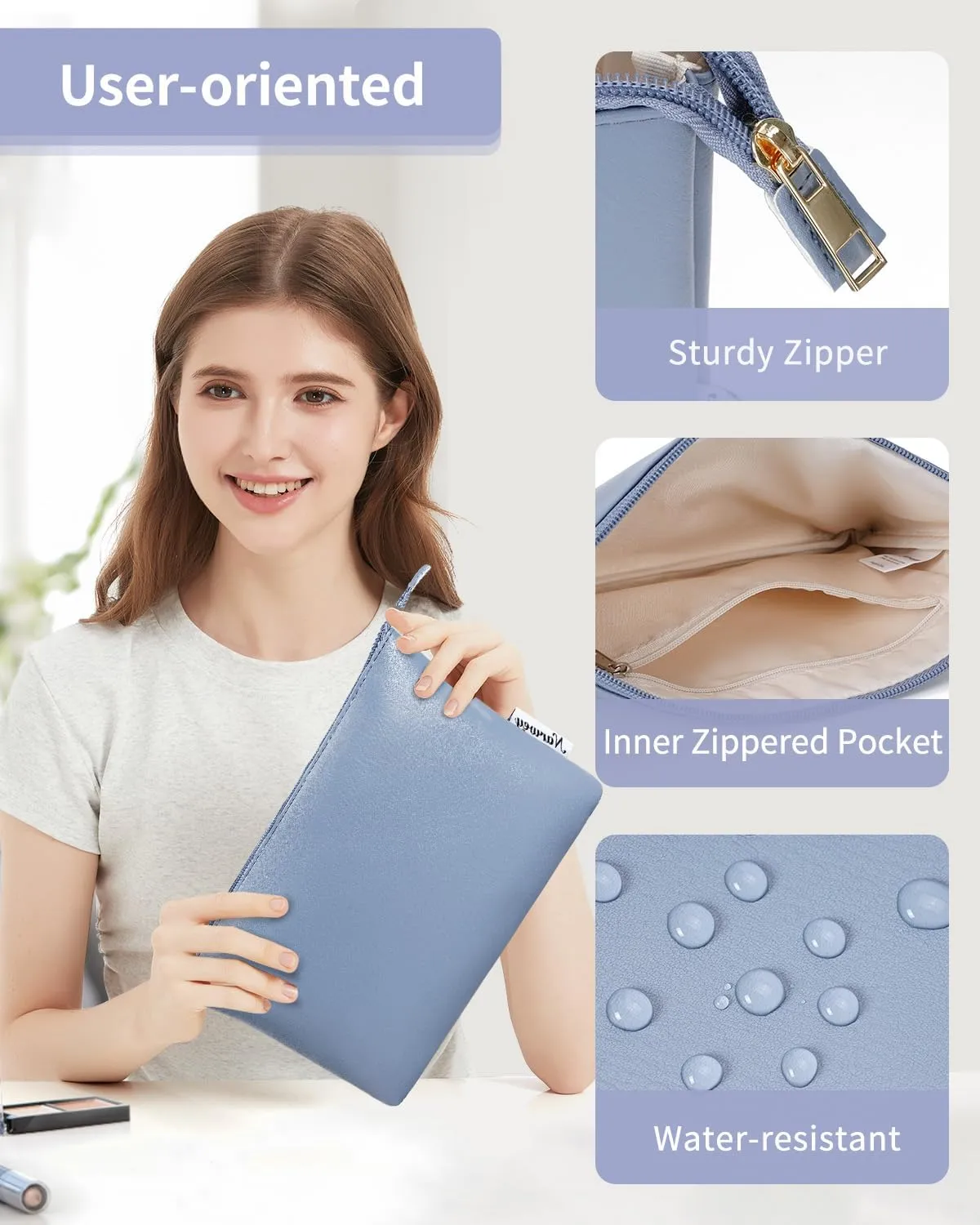 Narwey Small Makeup Bag for Purse Small Cosmetic Bag Women PU Leather Travel Makeup Pouch Zipper Pouch (Greyish Blue)