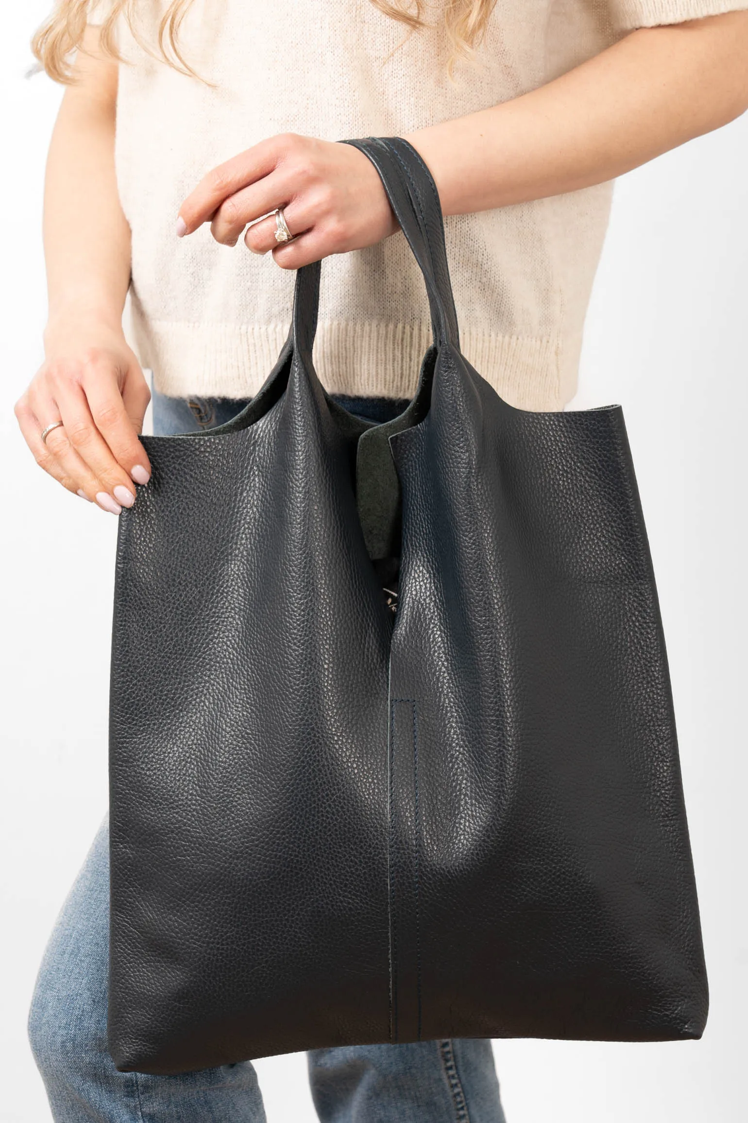 Paloma Italian Leather Shoulder Bag - Navy Blue, Pebbled