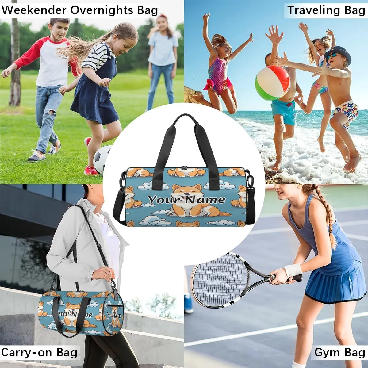Personalized Duffel Bag for Women, Custom Cute Corgis Dogs Gym Bag for Sports, Waterproof Dance Bag with Name, Lightweight Carryon Gym Bag, Corgis Dogs