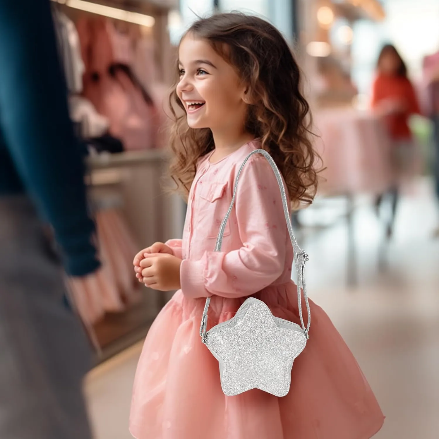 PinkSheep Star Pouch Handbag for Girls, Kids Purse with Adjustable Strap, Polyester, Zipper, Glitter, 1-2L, Star Pattern, PS908