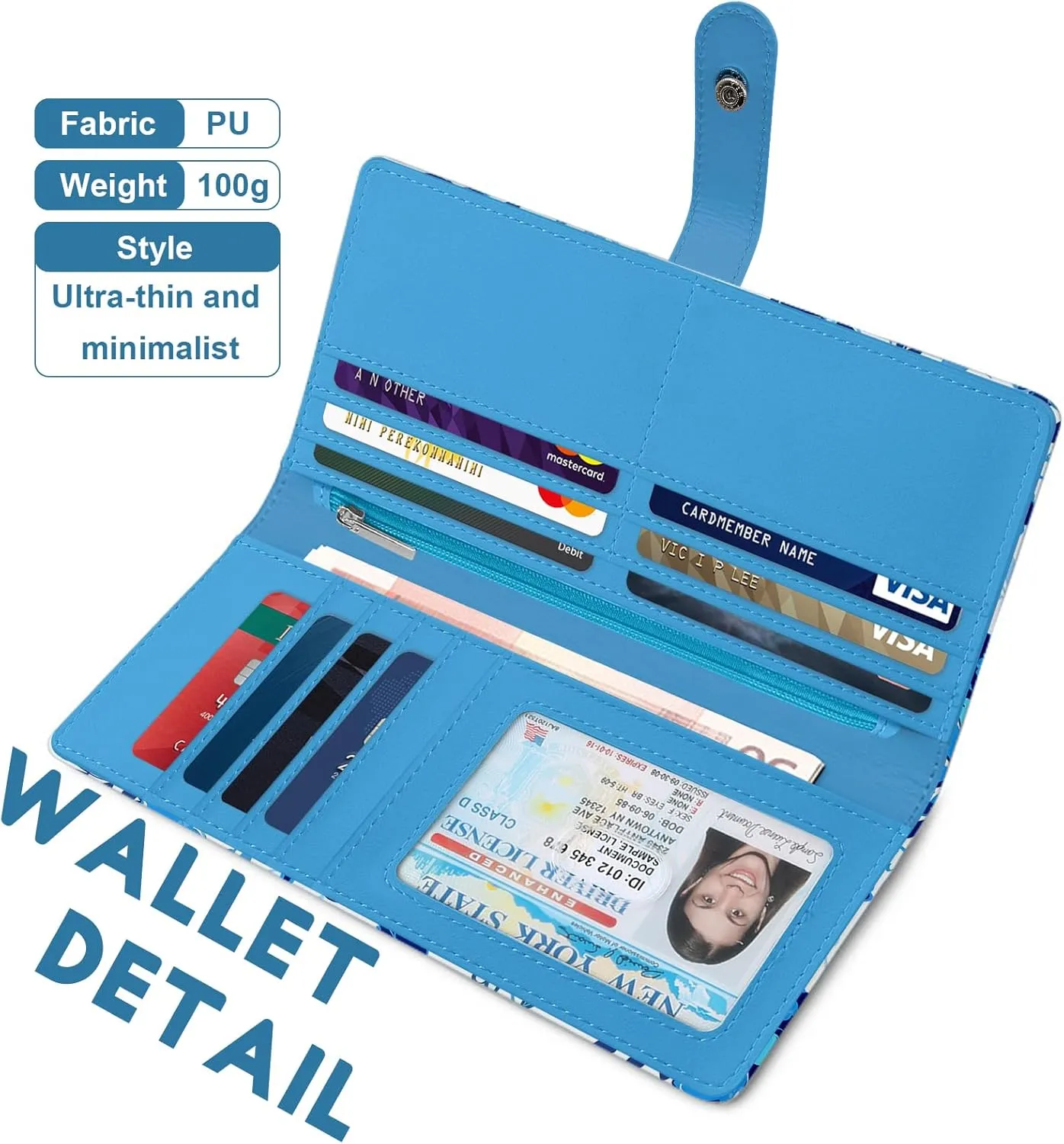 RFID Blocking Slim Womens Wallet, Bifold Credit Card Holder Purse with Zippered Coin Pocket Credit Card Slots, Secure Compact Purse for Everyday Use (Flower-Blue)