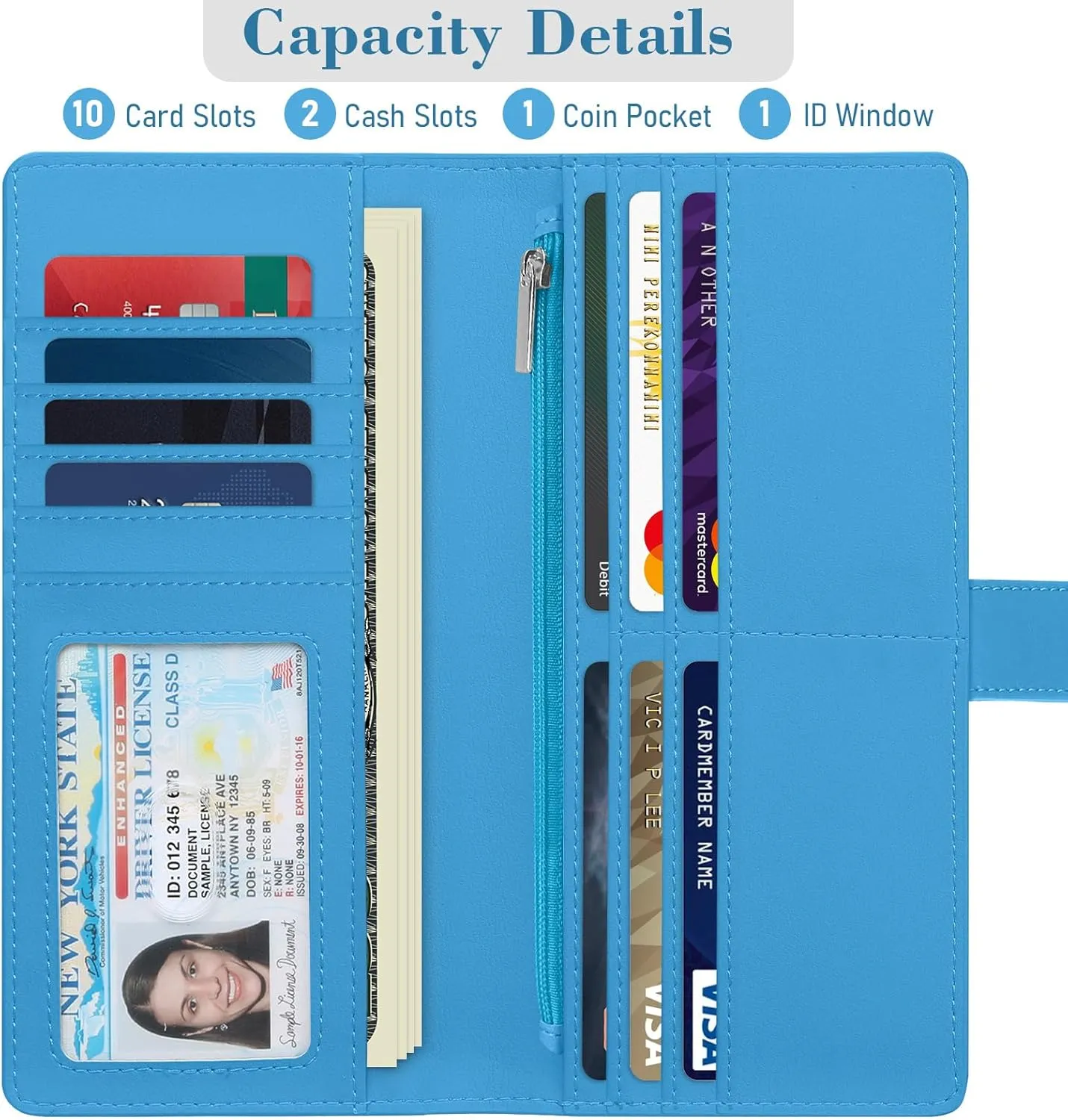 RFID Blocking Slim Womens Wallet, Bifold Credit Card Holder Purse with Zippered Coin Pocket Credit Card Slots, Secure Compact Purse for Everyday Use (Flower-Blue)