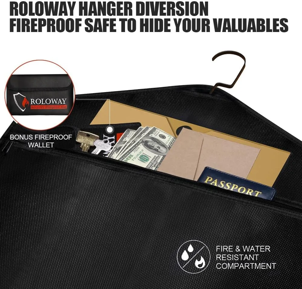 ROLOWAY Hanger Diversion Fireproof Safe, Hidden Compartment for Home & Travel, Secret Safe for Cash Hiding Under Clothes with Small Fireproof Bag