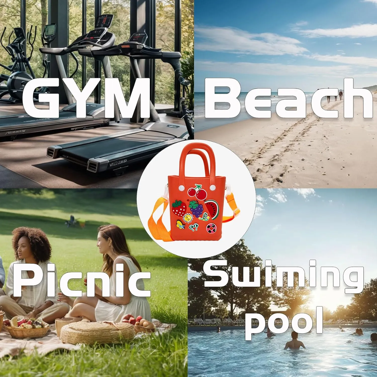 Small Rubber Beach Bag Waterproof Mini Eva Tote Pool Bag With Holes and Crossbody Strap For Women