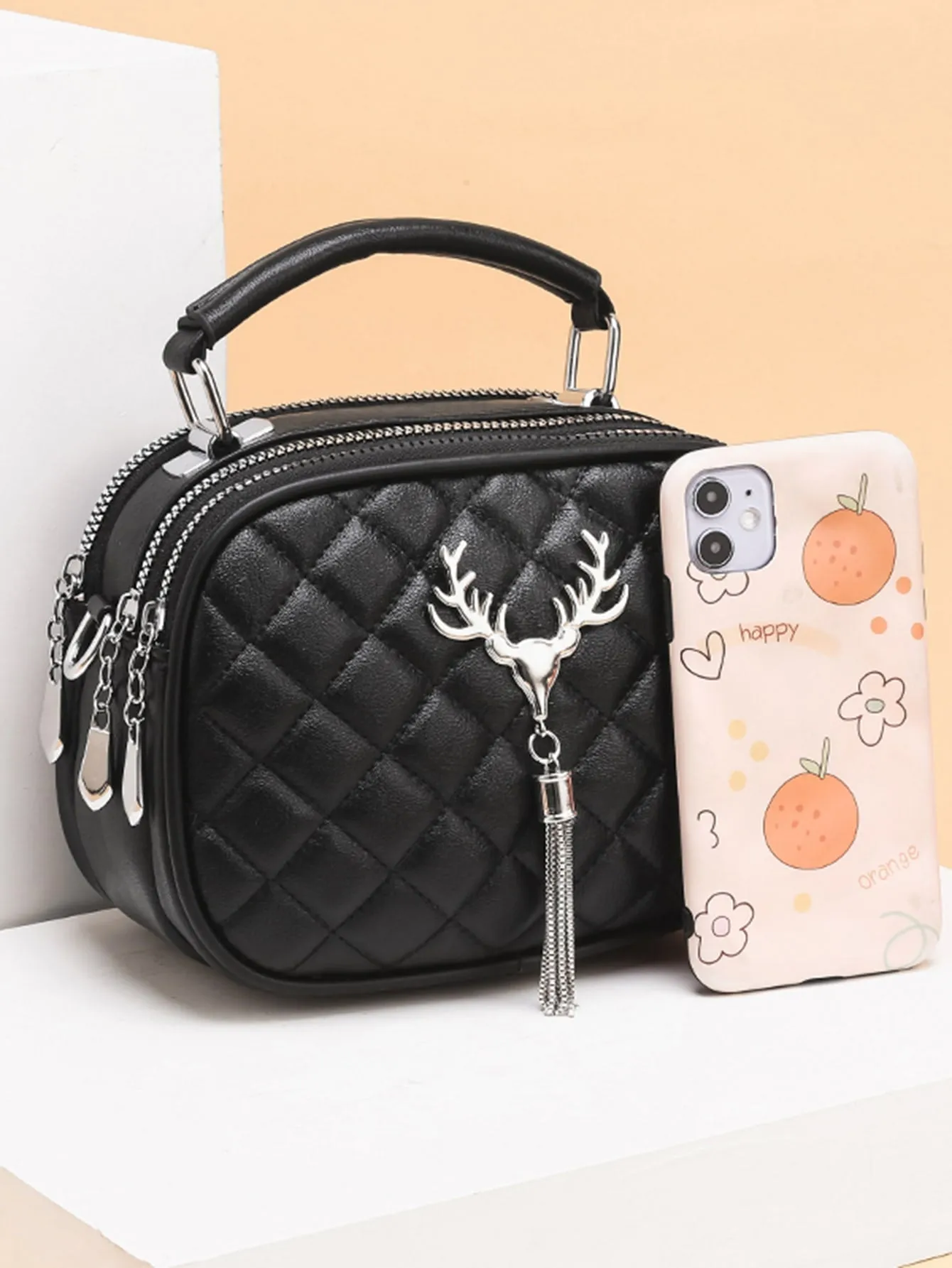 Tassel Decor Quilted Satchel Bag