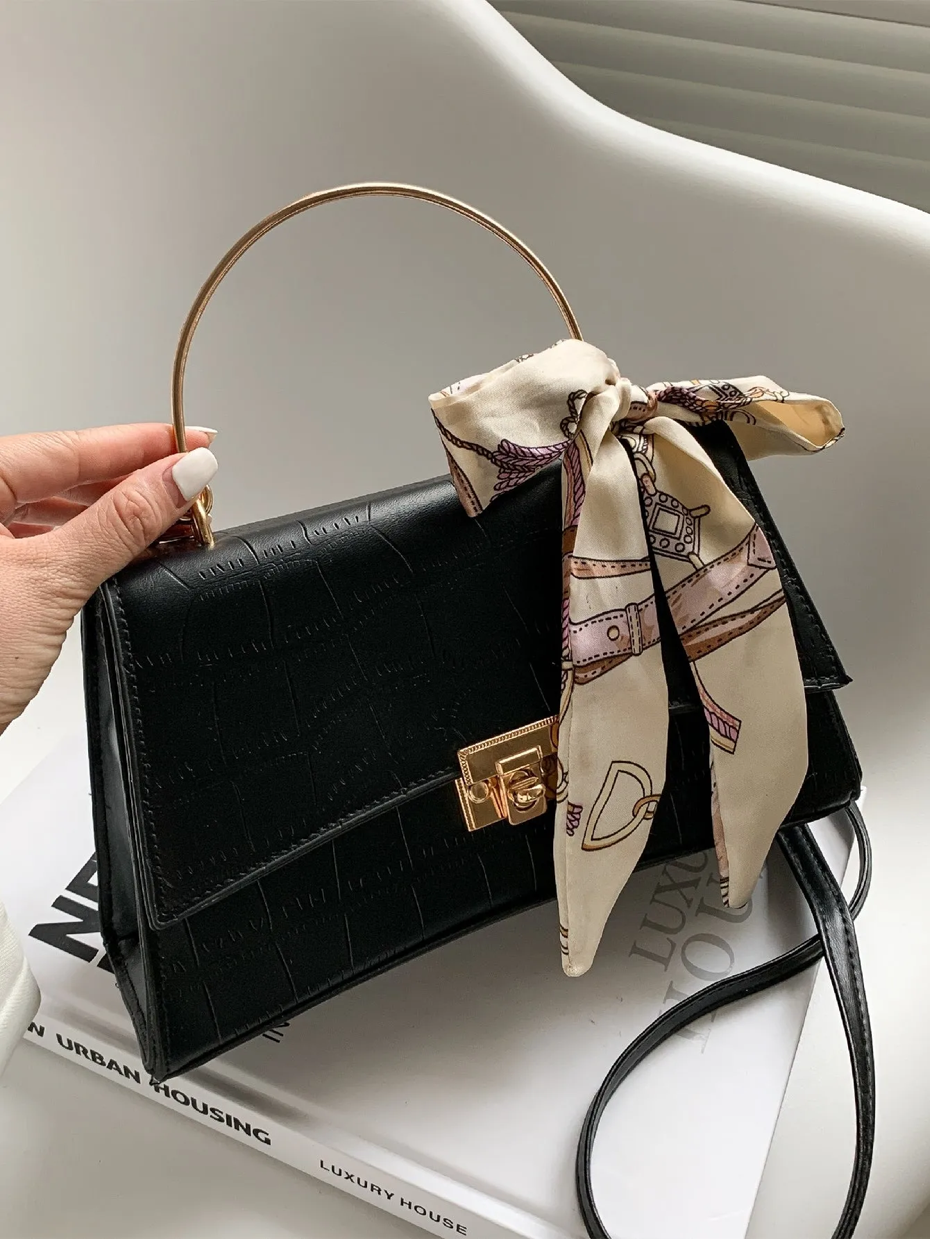 Twilly Scarf Decor Croc Embossed Satchel Bag