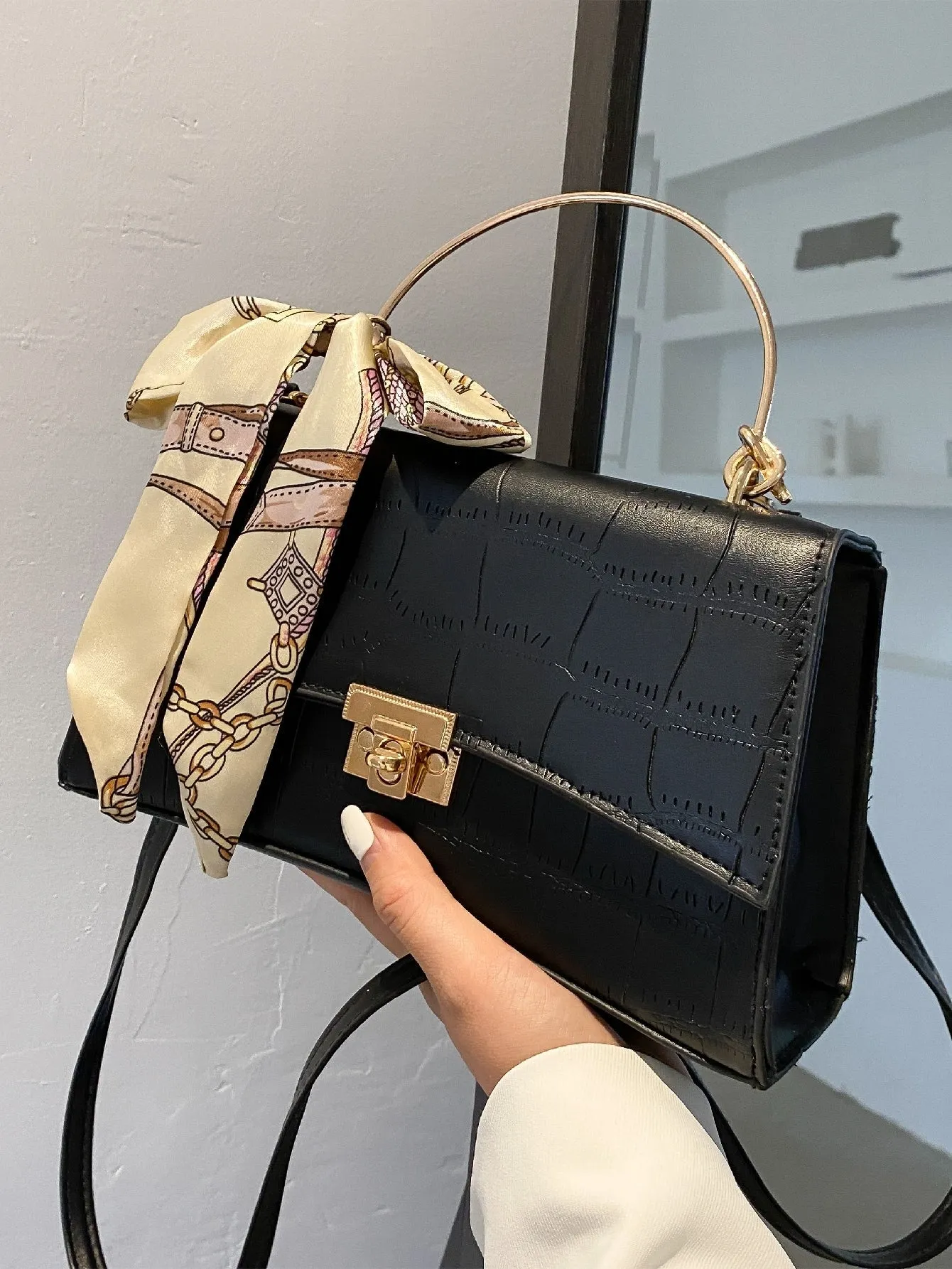 Twilly Scarf Decor Croc Embossed Satchel Bag