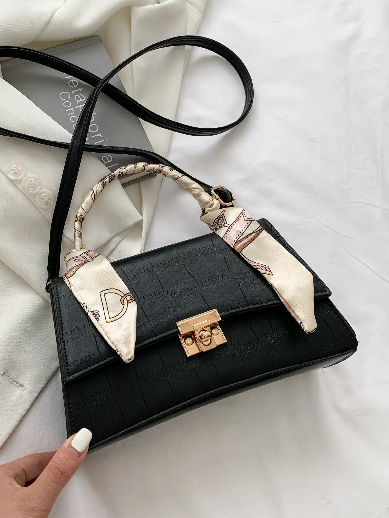 Twilly Scarf Decor Croc Embossed Satchel Bag