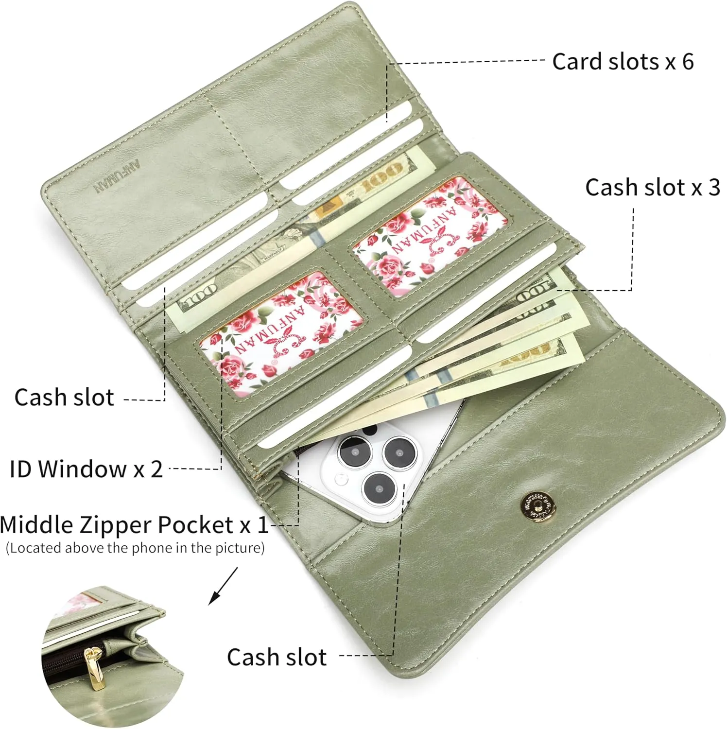 Womens Wallets RFID Blocking Leather Clutch Long Wallet for Women Card Holder Phone Organizer Ladies Travel Purses Green