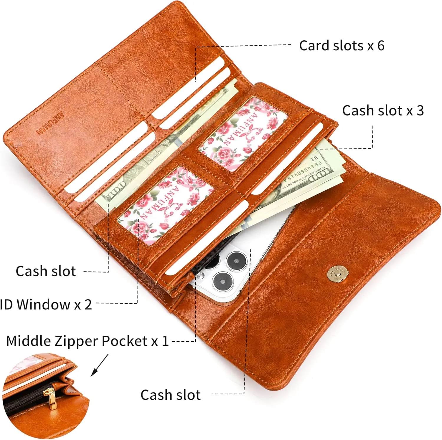 Womens Wallets RFID Blocking Leather Clutch Long Wallet for Women Card Holder Phone Organizer Ladies Travel Pursesn Caramel